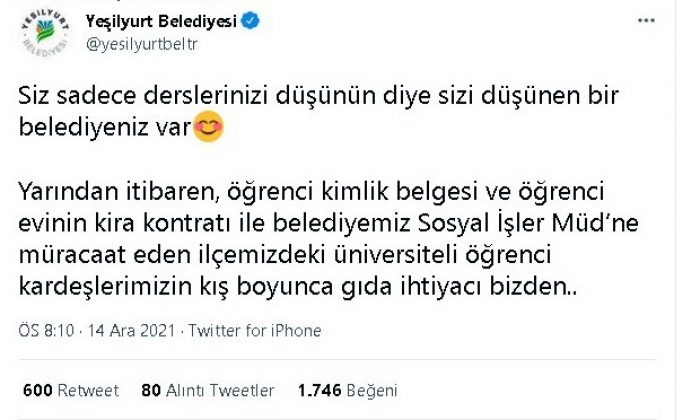 Yeşilyurt Belediyesinden üniversite öğrencilerine büyük jest